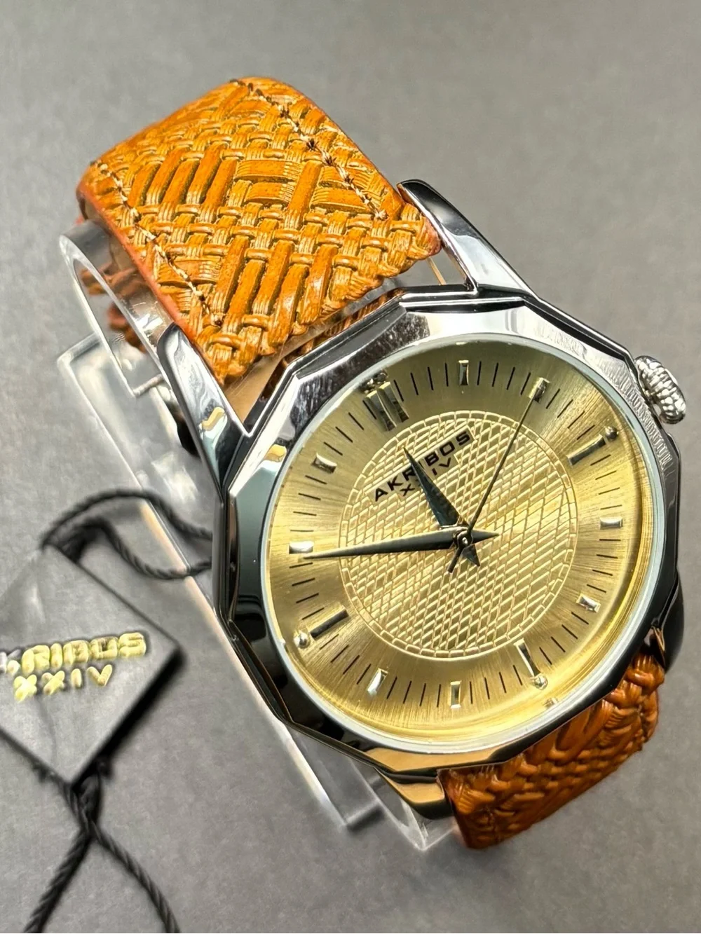 Akribos XXIV Quartz Dodecagon Case Champagne Dial Leather Band 41mm AK825SSBR